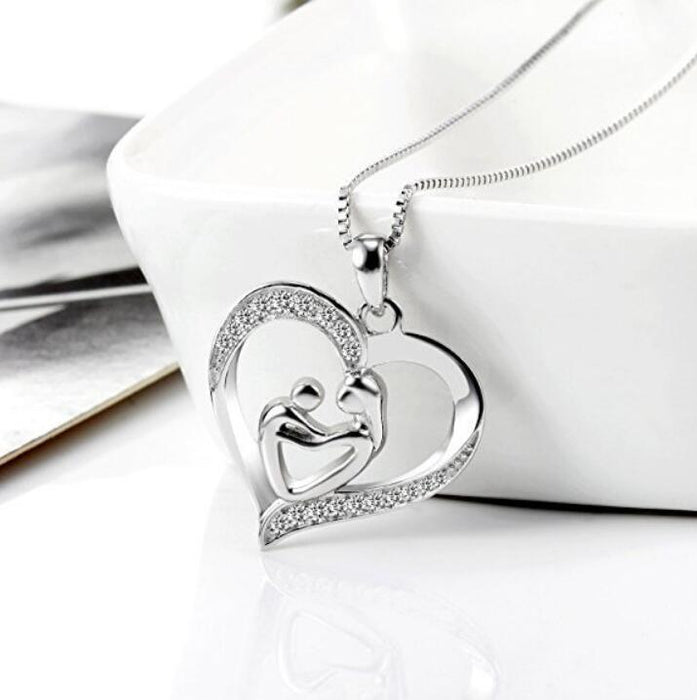 Anyco Necklace 925 Silver for Women Mother and Child Heart Pendant Cubic Zirconia 5A Rhodium Platting Jewelry