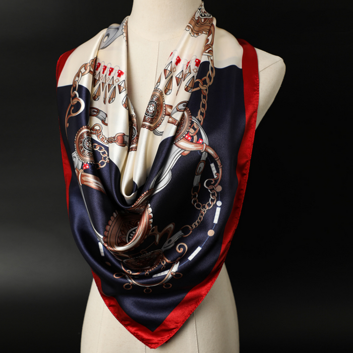 Anyyou Scarf for Women Red and Dark Blue Printed Polyester Silk Big Square Silk Scarf 90*90cm Satin For Spring Summer Autumn Winter