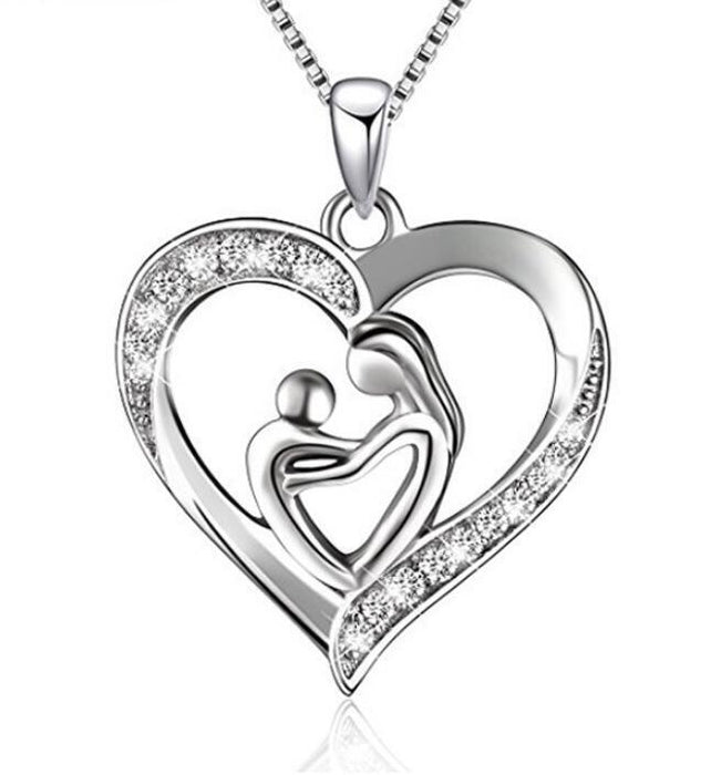 Anyco Necklace 925 Silver for Women Mother and Child Heart Pendant Cubic Zirconia 5A Rhodium Platting Jewelry