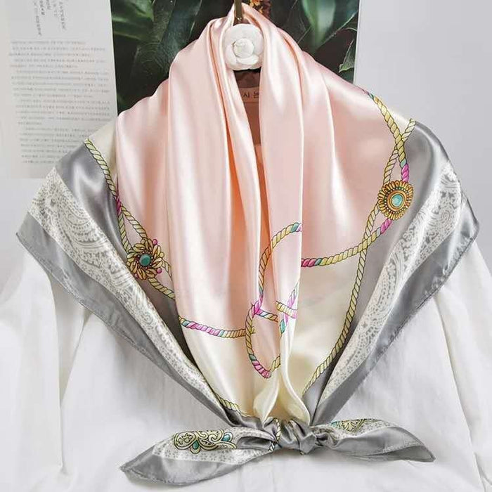 Anyyou Scarf for Women Grey Pink Printed Polyester Silk Big Square Silk Scarf 90*90cm Satin For Spring Summer Autumn Winter