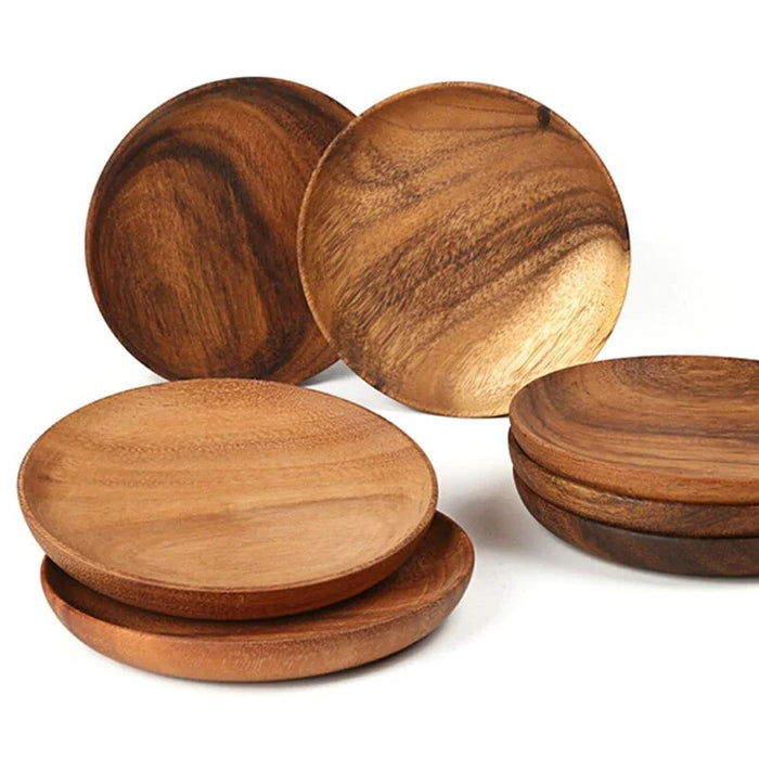 Anygleam Natural Wood 2pcs Round Wooden Plate Food Kitchen Tableware