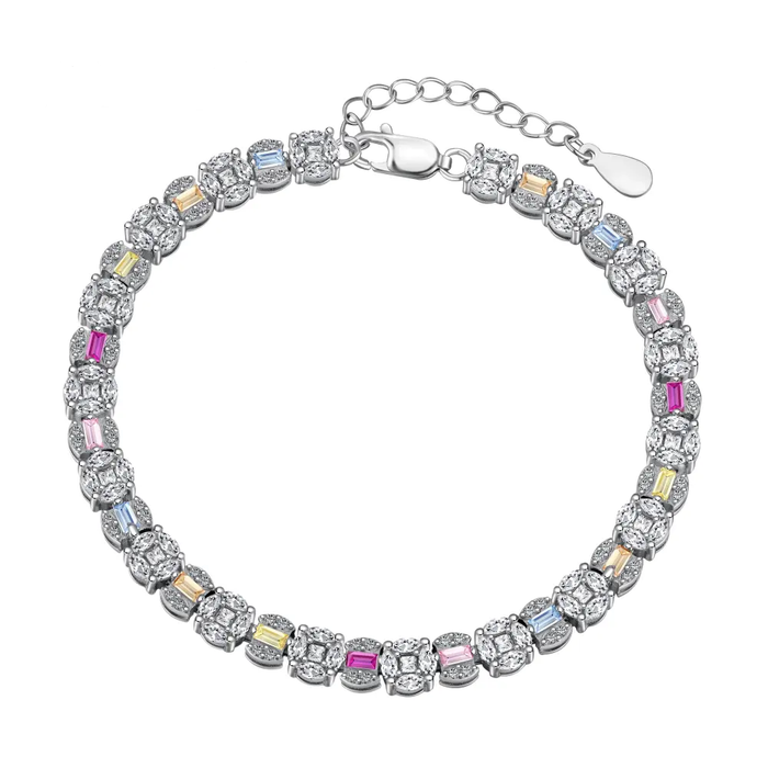 Anyco Bracelet Square Shape Colorful S925 Sterling Silver Bracelet Jewelry Set Cubic Zirconia Pink Stone Diamond Tennis Bracelets Women