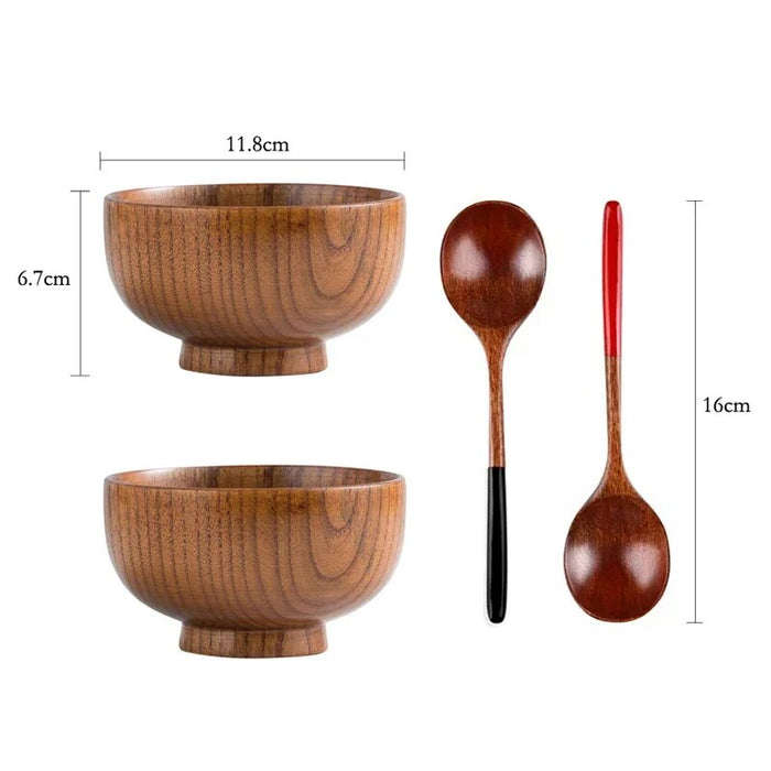 Anygleam Brown 4pcs Wooden Bowl Spoon Set Kitchen Tableware