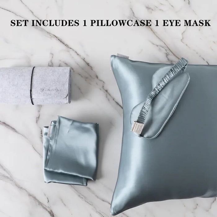 Anyhouz Pillowcase 50x75cm Blue Gray Set with Eye Mask Natural Mulberry Silk for Comfortable and Relaxing Home Bed