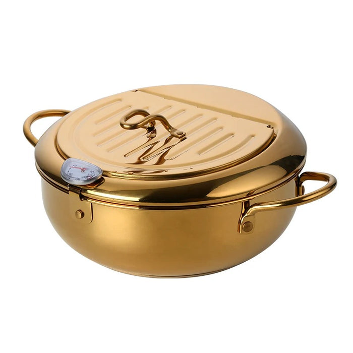 Anygleam Frying Pan Gold Stainless Steel Thermometer Kitchen Utensils Tempura Fryer Pan Temperature Control Fried Cooking Tools