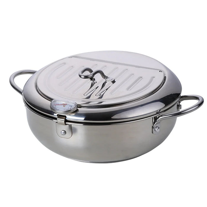 Anygleam Frying Pan Silver Stainless Steel Thermometer Kitchen Utensils Tempura Fryer Pan Temperature Control Fried Cooking Tools