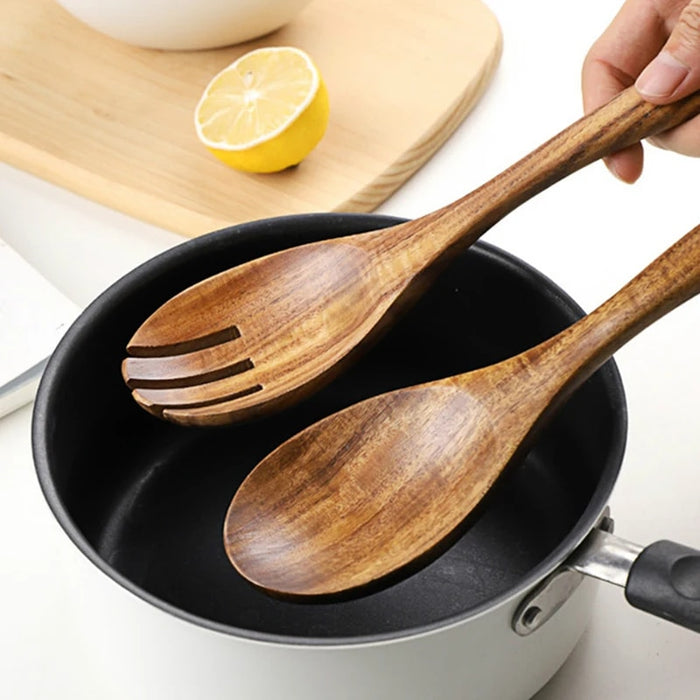 Anygleam Brown 2pcs Wooden Spoon Fork Ladle Kitchen Tableware