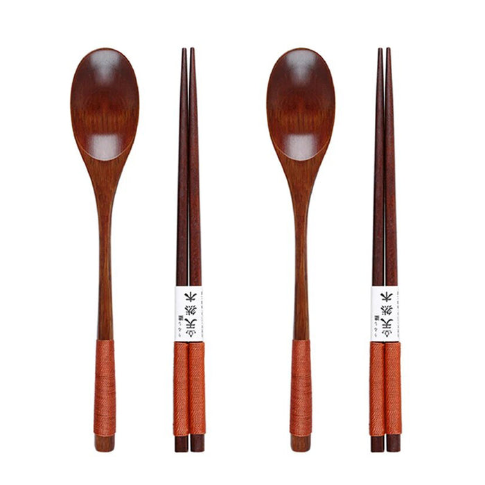 Anygleam Brown 4pcs Wooden Chopsticks and Long Ladle Set Reusable Kitchen Tableware