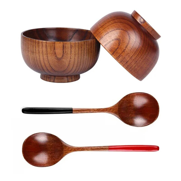 Anygleam Brown 4pcs Wooden Bowl Spoon Set Kitchen Tableware