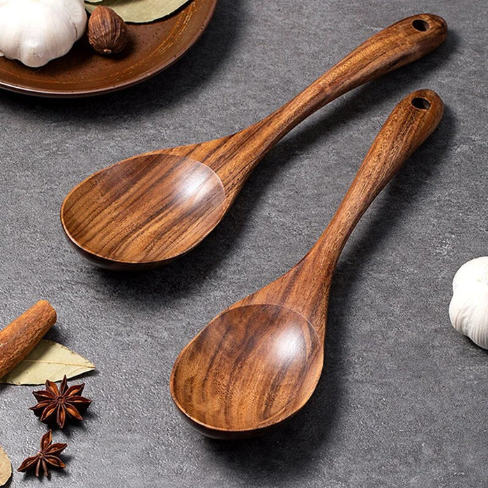 Anygleam Brown 2pcs Wooden Spoon Ladle Kitchen Tableware