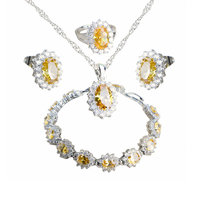 Anyco Jewelry Set 4Pcs Yellow Halo Style Zircon 925 Silver Floral Ring Necklace Bracelet And Earrings Women Fashion Accessories