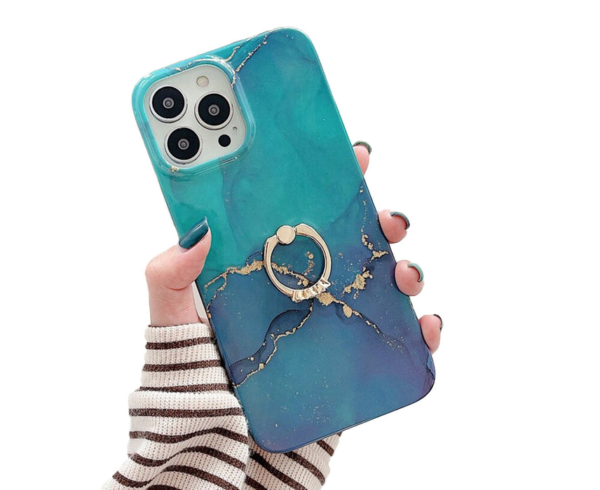 Anymob iPhone Case Blue Green Gradient Glitter Marble Pattern Ring Holder Stand Soft Silicone Shockproof Coque Mobile Cover iPhone 12 11 13 Pro Max