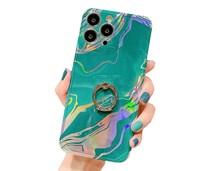 Anymob iPhone Case Sea Green Laser Gradient Glitter Marble Ring Holder Stand Soft Silicone Shockproof Coque Mobile Cover iPhone 12 11 13 Pro Max