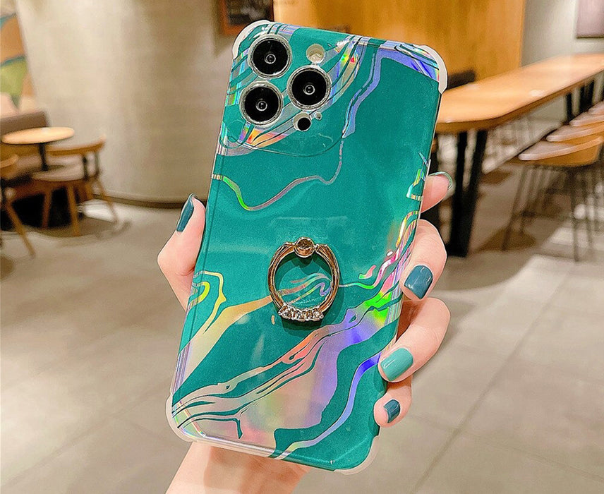 Anymob iPhone Case Sea Green Laser Gradient Glitter Marble Ring Holder Stand Soft Silicone Shockproof Coque Mobile Cover iPhone 12 11 13 Pro Max