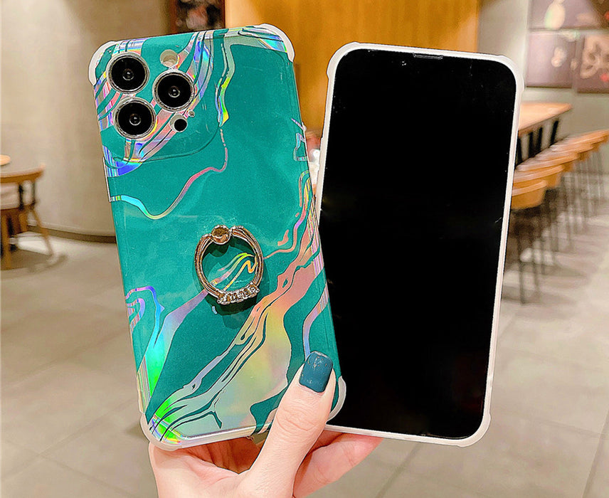 Anymob iPhone Case Sea Green Laser Gradient Glitter Marble Ring Holder Stand Soft Silicone Shockproof Coque Mobile Cover iPhone 12 11 13 Pro Max