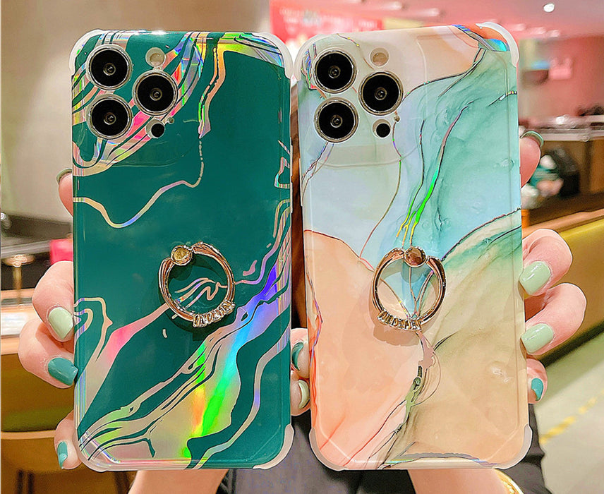 Anymob iPhone Case Sea Green Laser Gradient Glitter Marble Ring Holder Stand Soft Silicone Shockproof Coque Mobile Cover iPhone 12 11 13 Pro Max