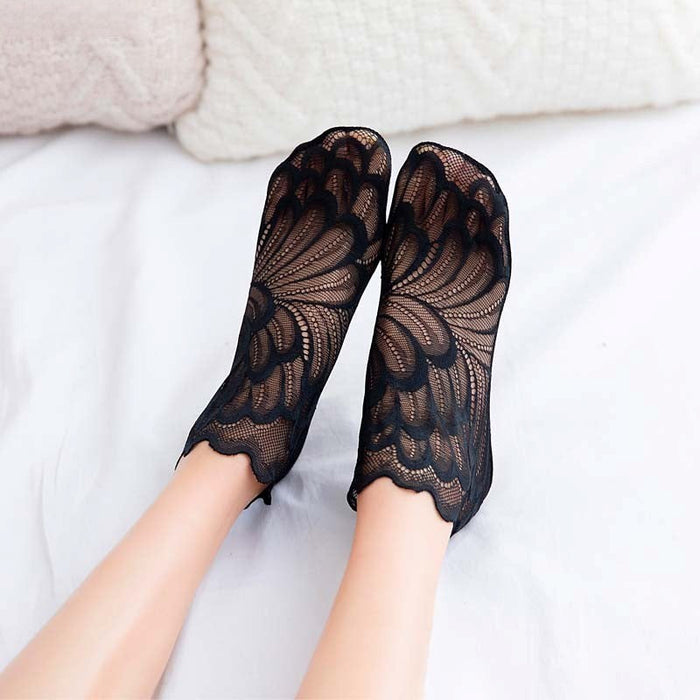 Anysox 5 Pairs One Size 4-5 Black Fashion Summer Socks With Style Lace Peacock Flower Short Ankle Socks For Women