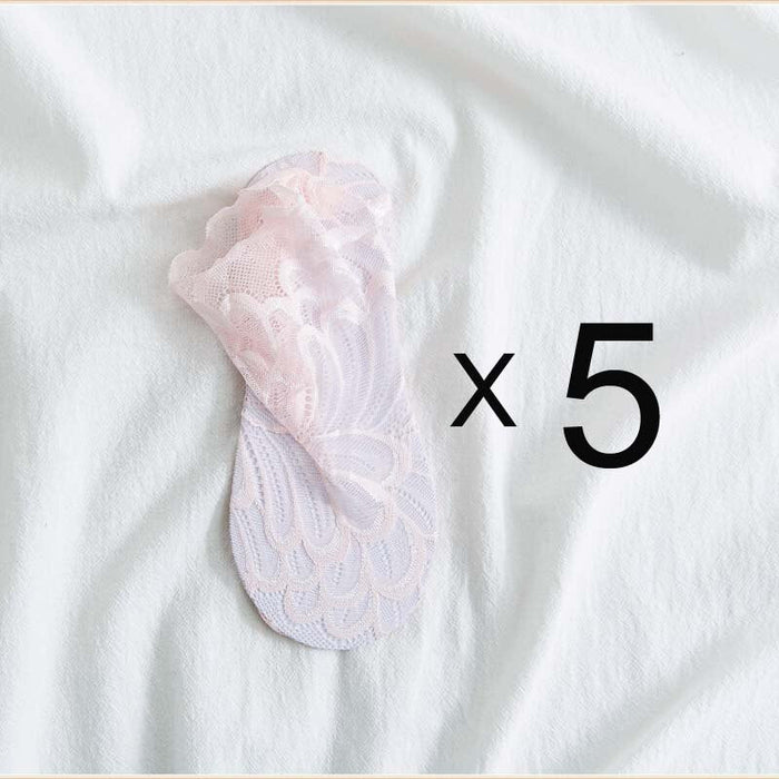 Anysox 5 Pairs One Size 4-5 Light Peach Fashion Summer Socks With Style Lace Peacock Flower Short Ankle Socks For Women