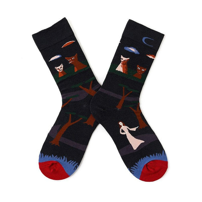 Anysox 5 Pairs Size 5-9 Fashion Socks Combed Cotton Art Abstract Forest Oil Painting Novelty Happy Funny Christmas Gift for Women