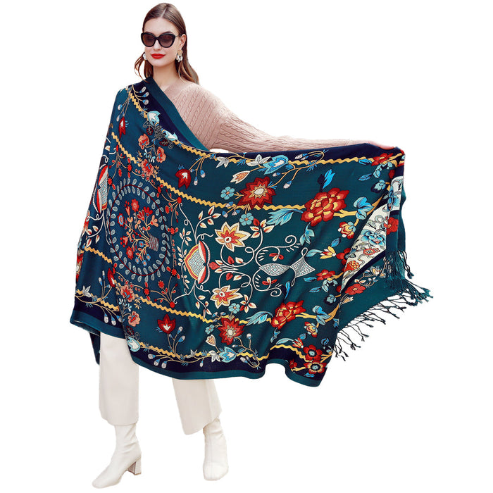 Anyyou 100% Merino Wool Navy Blue Patterns  Silk Satin Large Winter Scarf Pashmina Shawl Bandana Perfect For Women Ladies Fashion Style