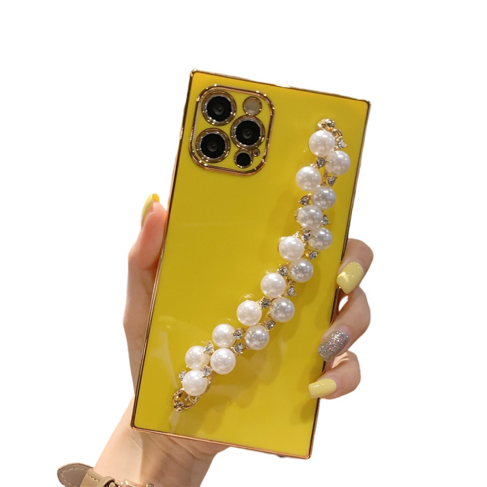 Anymob iPhone Case Yellow Pearl Diamond Bracelet Square Plating Soft Chain Back Cover
