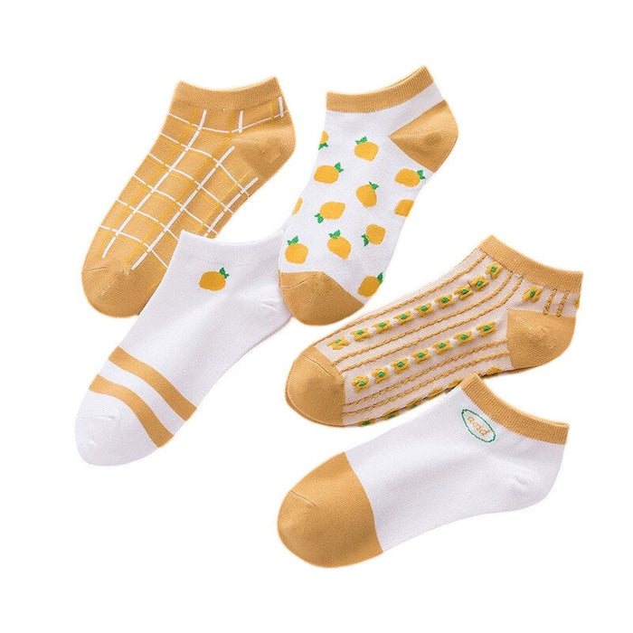 Anysox 5 Pairs One Size 5-9 Mix Lemon Liner Cotton And Spandex Comfortable Socks To Wear With Fruit Creative Design Brand Perfect for Women