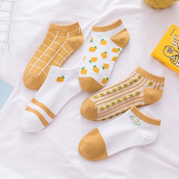 Anysox 5 Pairs One Size 5-9 Mix Lemon Liner Cotton And Spandex Comfortable Socks To Wear With Fruit Creative Design Brand Perfect for Women