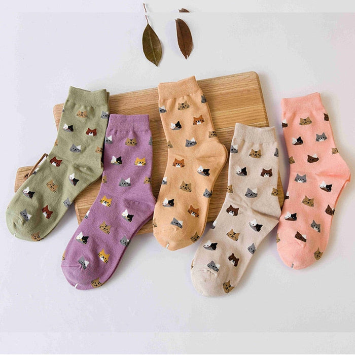 Anysox 5 Pairs Size 5-9 Fashion Socks Thick Warm Cotton Cute Cartoon Cat Animal Ankle Short Casual for Ladies Girls Christmas Gifts Purple