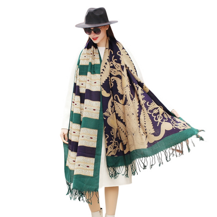 Anyyou 100% Merino Wool Green Archeologic  Silk Satin Large Winter Scarf Pashmina Shawl Bandana Perfect For Women Ladies Fashion Style