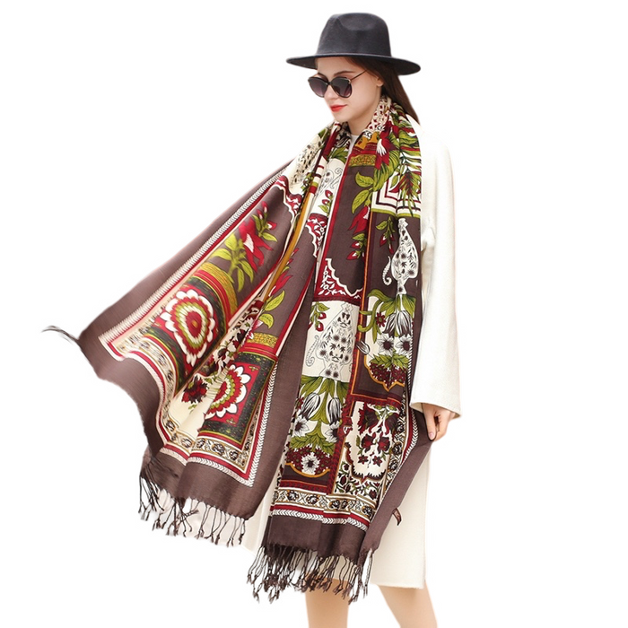 Anyyou 100% Merino Wool Dark Brown Flowers And Patterns Silk Satin Large Winter Scarf Pashmina Shawl Bandana Perfect For Women Ladies Fashion Style