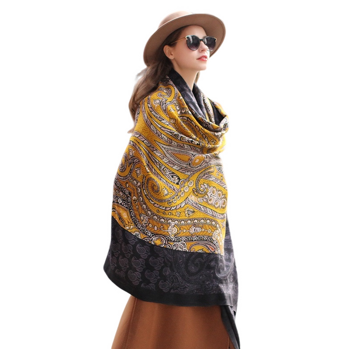 Anyyou 100% Merino Wool Black-Yellow  Silk Satin Large Winter Scarf Pashmina Shawl Bandana Perfect For Women Ladies Fashion Style