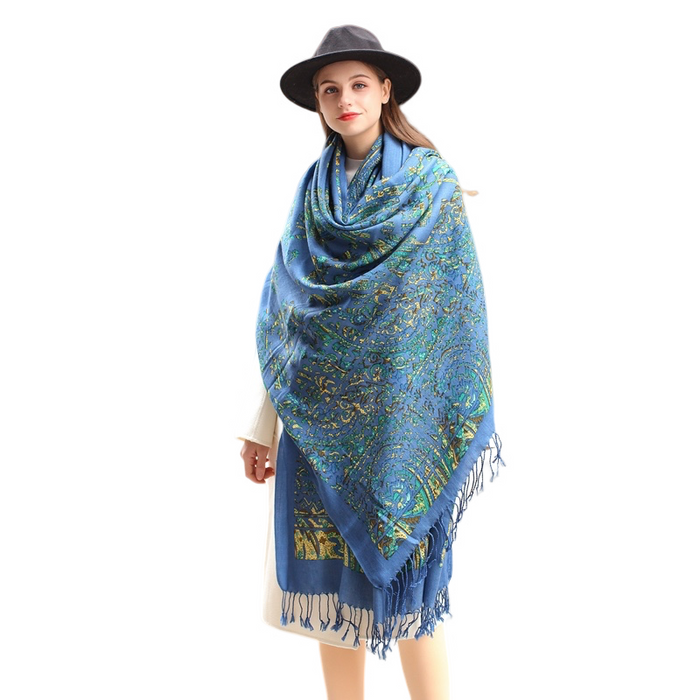 Anyyou 100% Merino Wool French Blue  Silk Satin Large Winter Scarf Pashmina Shawl Bandana Perfect For Women Ladies Fashion Style