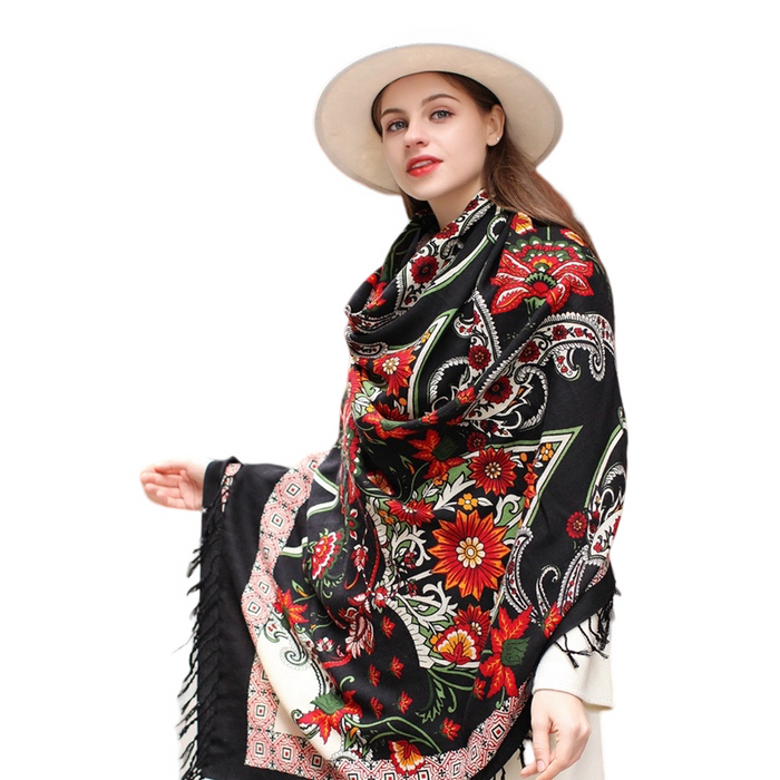 Anyyou 100% Merino Wool Black Silk Satin Floral  Silk Satin Large Winter Scarf Pashmina Shawl Bandana Perfect For Women Ladies Fashion Style