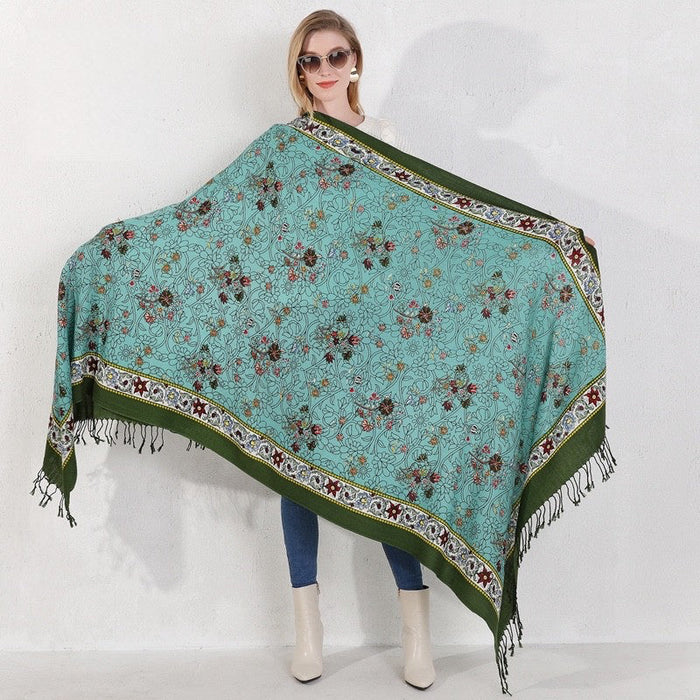 Anyyou 100% Merino Wool Cyan And Flowers  Silk Satin Large Winter Scarf Pashmina Shawl Bandana Perfect For Women Ladies Fashion Style