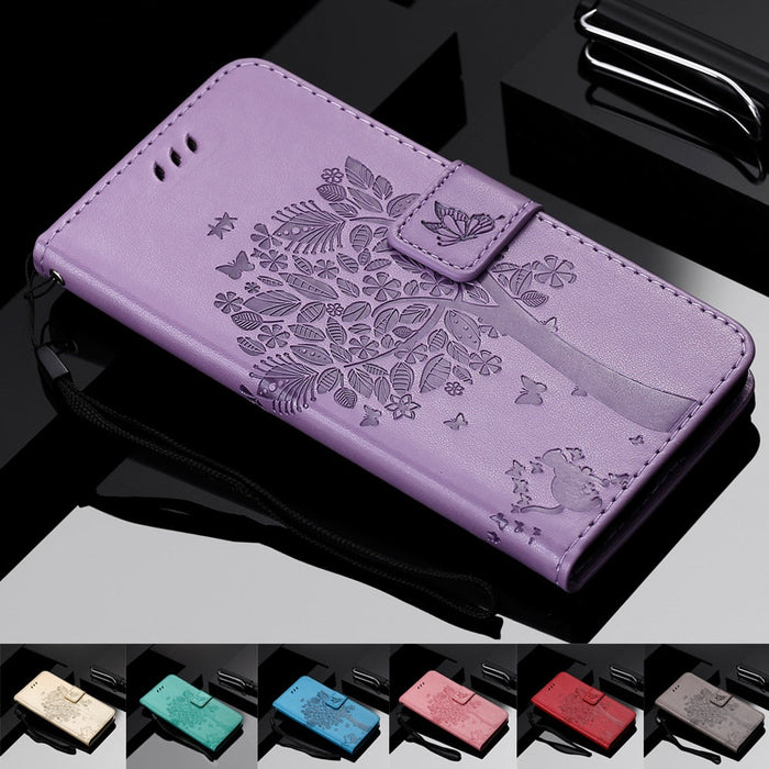 Anymob Samsung Dark Violet Tree Cat Leather Flip Case Wallet Phone Cover Protection