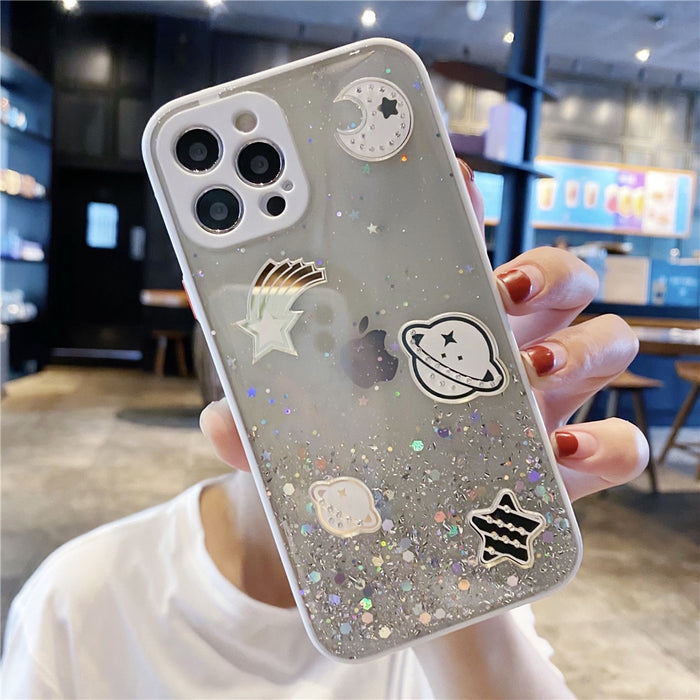Anymob iPhone Case White Cartoon Planet Glitter Soft Silicon Cover