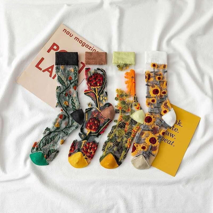 Anysox 5 Pairs Yellow Green Size 5-9 Sock Harajuku Crystal Silk Tide Socks With Flower Vines Comfortable To Wear Prefect For Women