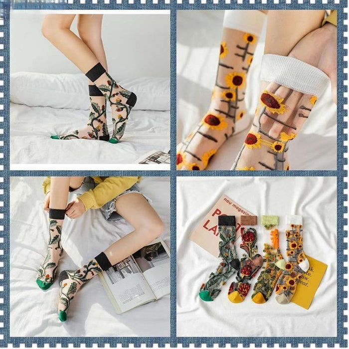 Anysox 5 Pairs Black Size 5-9 Sock Harajuku Crystal Silk Tide Socks With Flower Vines Comfortable To Wear Prefect For Women