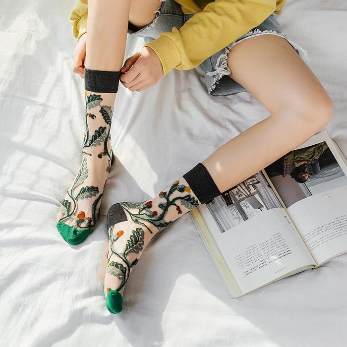 Anysox 5 Pairs Yellow Green Size 5-9 Sock Harajuku Crystal Silk Tide Socks With Flower Vines Comfortable To Wear Prefect For Women