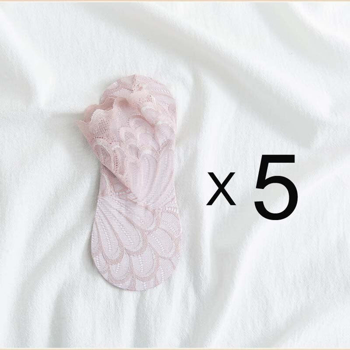 Anysox 5 Pairs One Size 4-5 Light Brown Fashion Summer Socks With Style Lace Peacock Flower Short Ankle Socks For Women