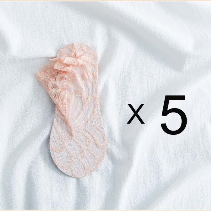 Anysox 5 Pairs One Size 4-5 Beige Fashion Summer Socks With Style Lace Peacock Flower Short Ankle Socks For Women