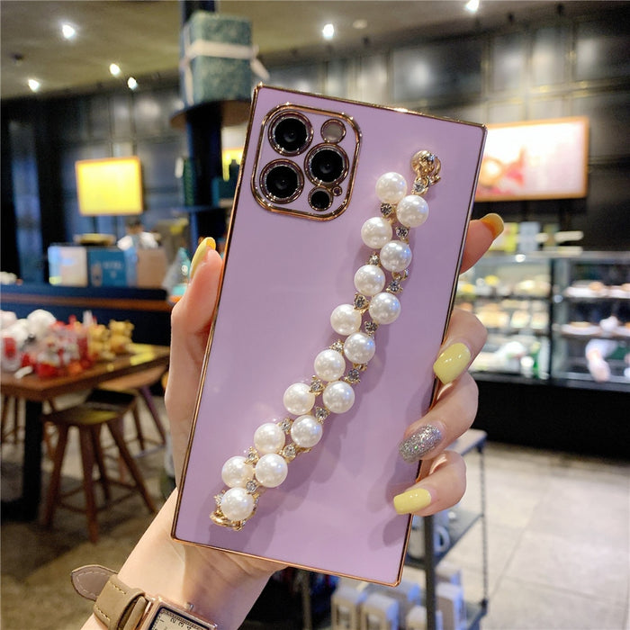 Anymob iPhone Case Purple Pearl Diamond Bracelet Square Plating Soft Chain Back Cover