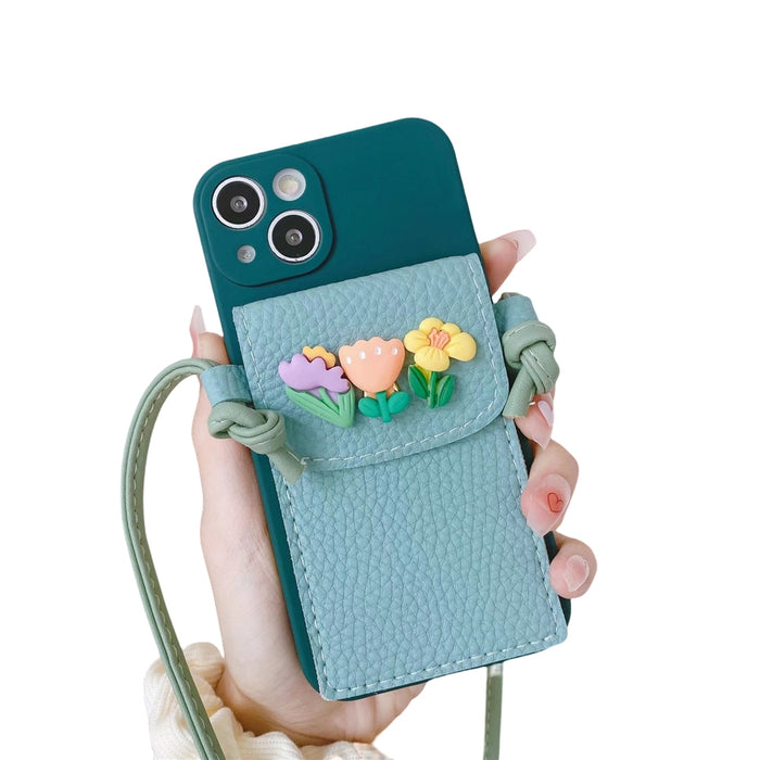 Anymob iPhone Green Crossbody Lanyard Rope Card Slot Holder Case Flowers Soft Silicone Cover