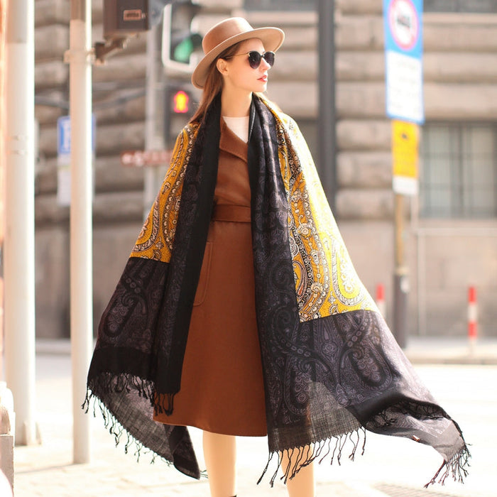 Anyyou 100% Merino Wool Black-Yellow  Silk Satin Large Winter Scarf Pashmina Shawl Bandana Perfect For Women Ladies Fashion Style