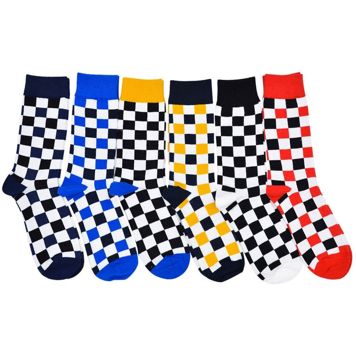 Anysox 5 Pairs Size 5-14 Fashion Socks Novelty Skateboard Squares Blue and White Pattern Cotton for Women Khaki