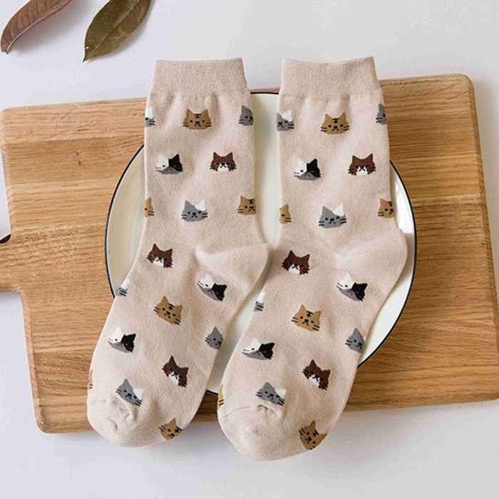 Anysox 5 Pairs Size 5-9 Fashion Socks Thick Warm Cotton Cute Cartoon Cat Animal Ankle Short Casual for Ladies Girls Christmas Gifts Beige