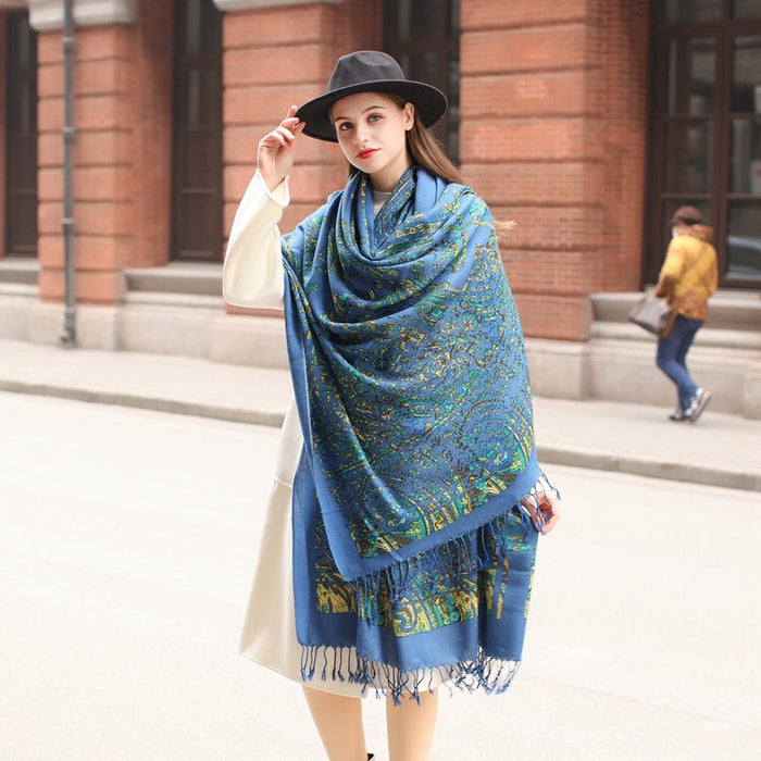 Anyyou 100% Merino Wool French Blue  Silk Satin Large Winter Scarf Pashmina Shawl Bandana Perfect For Women Ladies Fashion Style