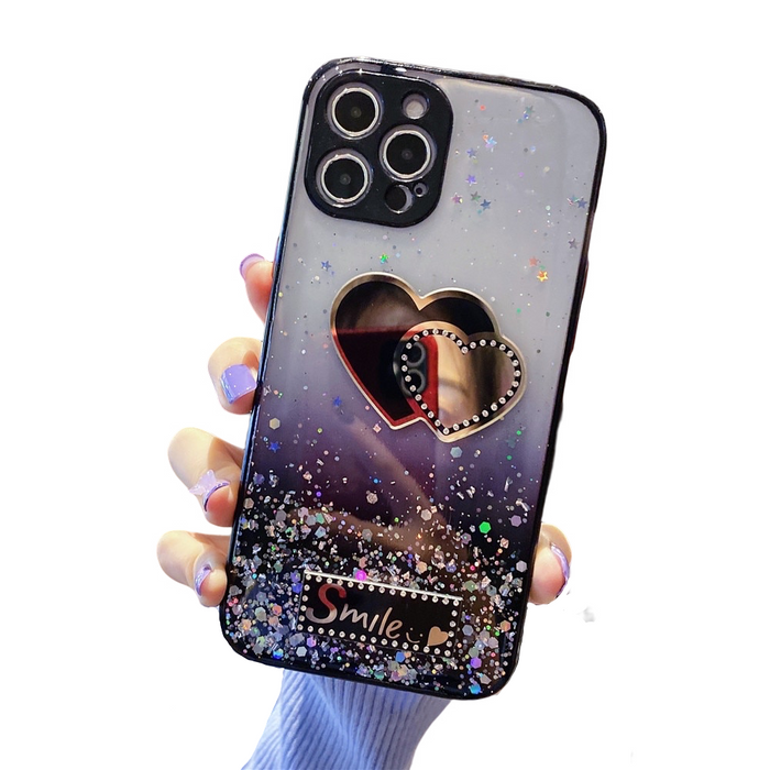 Anymob iPhone Case Black Love Heart Mirror Sequins Glitter Soft Silicone Cover