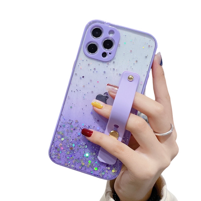 Anymob iPhone Case Purple Sequins Glitter Wrist Band Clear With Stand Holder Back Cover