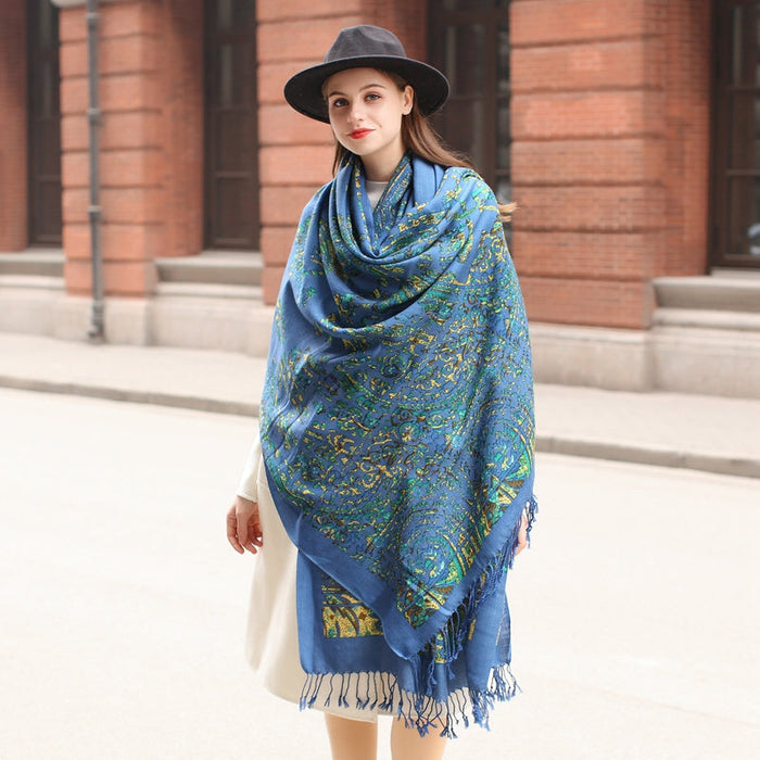 Anyyou 100% Merino Wool French Blue  Silk Satin Large Winter Scarf Pashmina Shawl Bandana Perfect For Women Ladies Fashion Style